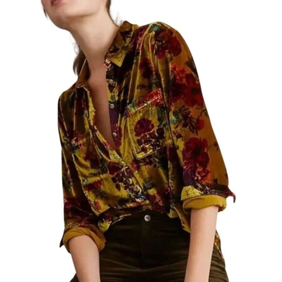 Pilcro Tops - Anthropologie Pilcro Hadley Relaxed Velvet Burnout Shirt Small Mustard Festival